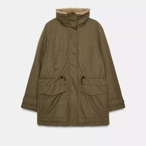 NWT Zara Parka Faux fur Khaki Utility Jacket Zip Pockets High collar Size S